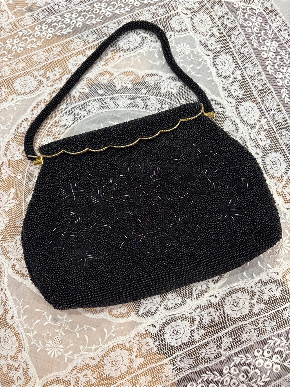 Vintage Mint condition Black Beaded Evening Handbag with gold metal details